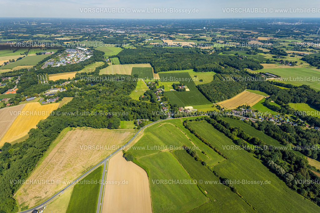 Gladbeck250800914 | Luftbild, Landwirtschaftlicher Flächen Weiherstraße und Waldgebiet, hinten Movie Park Germany Themenpark, Freizeitpark zum Filmthema mit Fahrgeschäften, Zweckel, Gladbeck, Ruhrgebiet, Nordrhein-Westfalen, Deutschland