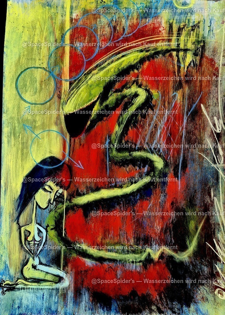 "GEDANKEN WURM" | Dieses Bild steht für die Matrix der Gedankenwelt.
"GEDANKENWURM"
Den gefährlichen Gedanken keinen Raum in sich geben. 

In der inneren Welt des Menschen lauern viele gefährliche alte Lügen. 
Lügen über sich selbst, ich bin nicht gut genug, mein Leben ist schlecht, ich habe Depressionen etc. 
Es ist wie ein geistiges Wesen, das versucht Macht über die Gedanken zu gewinnen, um die Matrix, die Realität eines Menschen klein und dunkel, gar hoffnungslos zu halten... 
Wenn wir ihm Glauben schenken, kann es die Matrix zur Realität durchbrechen; siehe Kopf vom Wurm, 
der versucht, die Matrix zu biegen, in sie hinein zu dringen... 
Wenn der Mensch jedoch fest im Glauben an das gute und seine Heiligkeit im Stillen Gebet (fehlender Mund) aufrechterhält und die guten Gedanken über sich selbst
 und das Leben (Kreise im Bild) bewahrt, 
bleibt die Matrix der schönen und guten Realität im Geiste erhalten und stark, 
dann hat der GedankenWurm keine Macht, das Leben des Menschen negativ zu beeinflussen. 
Dieses Bild soll daran erinnern, wie wichtig es ist, seinen inneren Garten bewusst zu pflegen, damit die Matrix des Lebens wundervoll wird und bleibt.
 - Realisiert mit Pictrs.com