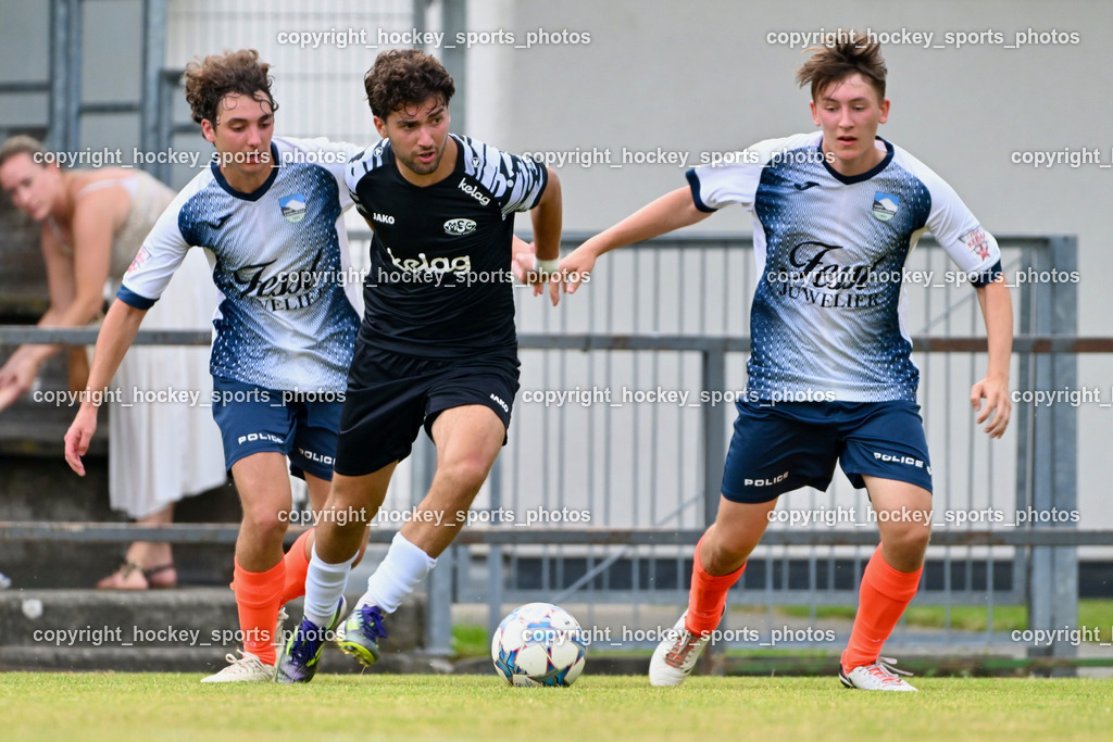 SC Magdalen vs. DSG Ledenitzen | #15 Jakob Schuster DSG Ledenitzen, #16 Filip Krnjic SC Magdalen, #8 Benjamin Ressmann DSG Ledenitzen, SC Magdalen vs. DSG Ledenitzen, SC Magdalen vs. DSG Ledenitzen am 19.07.2024 in Villach (Sportplatz Madalen), Austria, (Photo by Bernd Stefan)