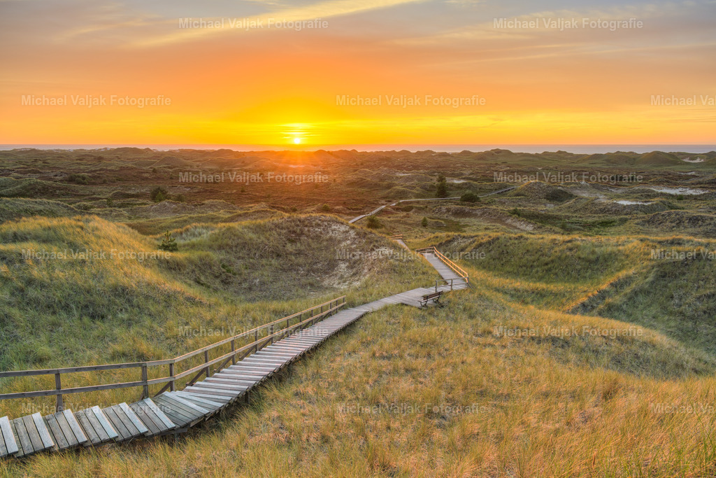 Abends auf der Aussichtsdüne A Siatler in Norddorf auf Amrum | Die Aussichtsdüne A Siatler (Setzerdüne) in Norddorf auf Amrum bietet Besuchern eine atemberaubende Panoramasicht. Mit einer Höhe von 32 Metern ist sie die höchste Düne der Insel und ein beliebter Ort, um die Schönheit der Nordsee und der umliegenden Landschaft zu bewundern. Von der Plattform aus kann man den Blick über die Dünenlandschaft schweifen lassen und bis zum Leuchtturm bei Hörnum auf Sylt sehen. Ein Besuch hier ist besonders magisch bei Sonnenuntergang, wenn der Himmel in warmen Farben leuchtet und das Meer in sanftes Licht taucht. - Realisiert mit Pictrs.com