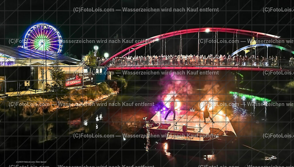 0497_Luftbild_VOLKSFEST-Wlbg_InselFeuer-Show | (C)FotoLois.com, Alois Spandl, Luftbild, Wieselburger VOLKSFEST neu, Feuershow auf der Erlaufinsel unter den Brücken, Do 29. Juni 2023.