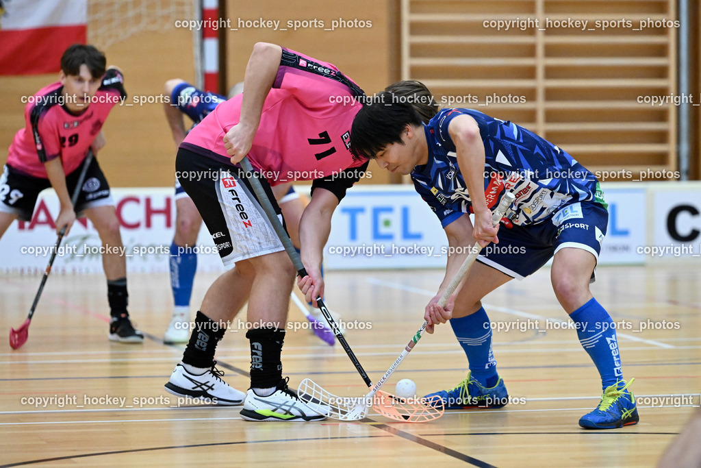 VSV Unihockey vs. Wiener Floorballferein 6.4.2024 | #71 Christoph Platzer Wiener Floorballverein, #26 Shin Kato VSV Unihockey, VSV Unihockey vs. Wiener Floorballferein 6.4.2024, VSV Unihockey vs. Wiener Floorballferein  am 06.04.2024 in Villach (Ballspielhalle St. Martin), Austria, (Photo by Bernd Stefan)