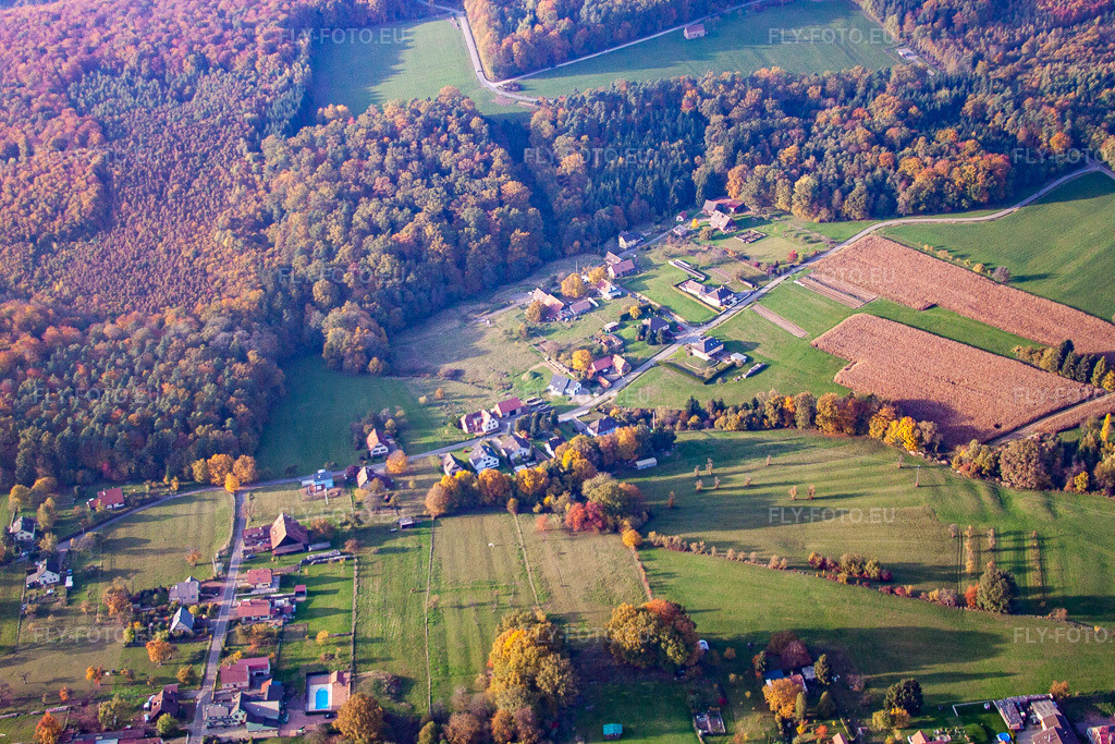 Vue aérienne: Vue de la ville à Nehwiller-près-Wœrth dans le département Bas Rhin, France. Photo: IMG_54123.jpg prise le 21/10/2012 par Werner Riehm/FLY-FOTO.eu – Résolution de l'original: 4752 x 3168 px