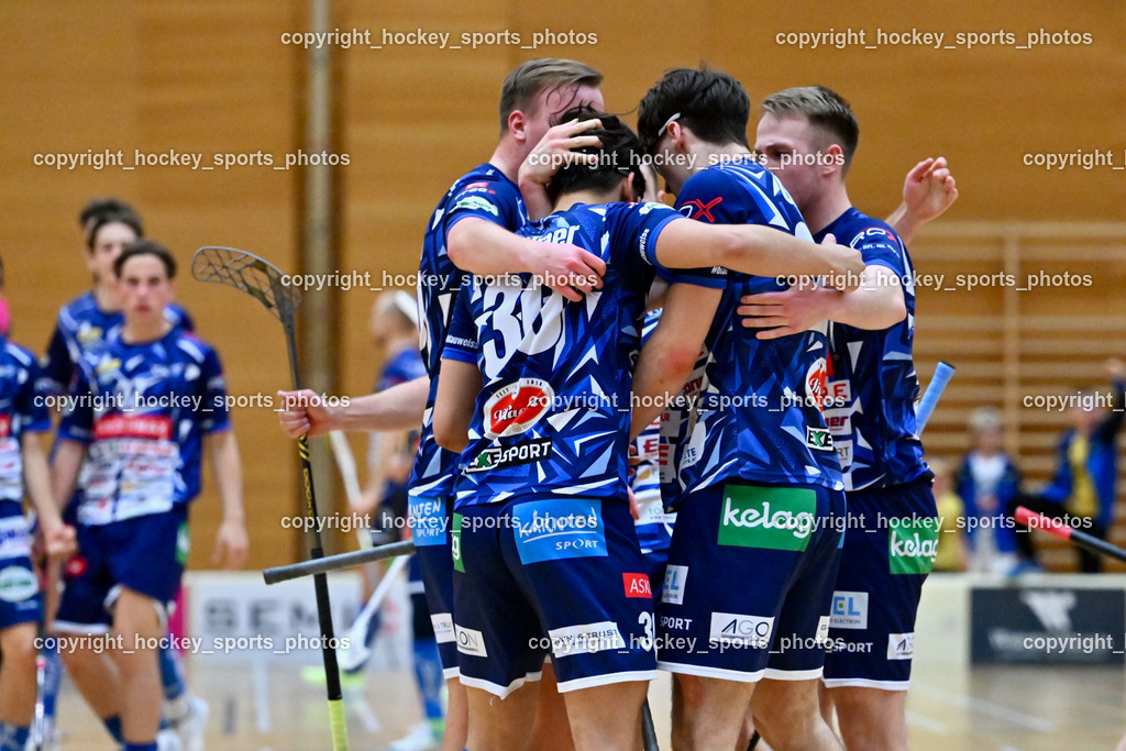 VSV Unihockey vs. KAC Floorball | Jubel VSV Unihockey Mannschaft, VSV Unihockey vs. KAC Floorball, VSV Unihockey vs. KAC Floorball am 12.04.2025 in Villach (Ballspielhalle St. Martin), Austria, (Photo by Bernd Stefan)
