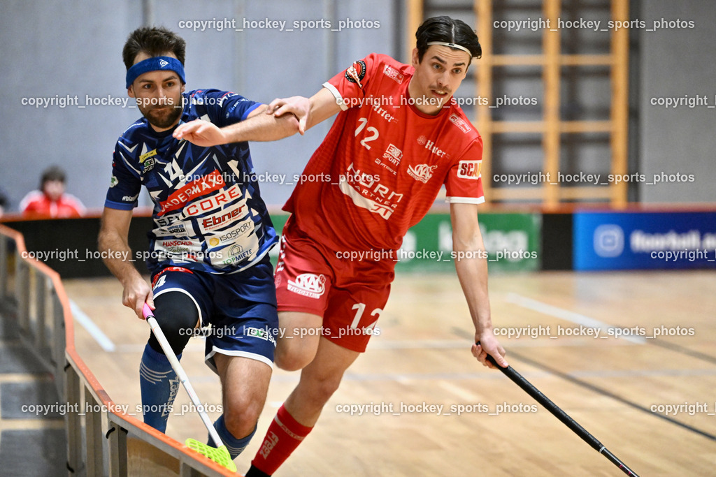 KAC Floorball vs. VSV Unihockey | #14 Michael Klemm VSV Unihockey, #12 Nikita Münch KAC Floorball, KAC Floorball vs. VSV Unihockey, KAC Floorball vs. VSV Unihockey am 21.03.2026 in Klagenfurt (Ballspielhalle Waidmannsdorf), Austria, (Photo by Bernd Stefan)