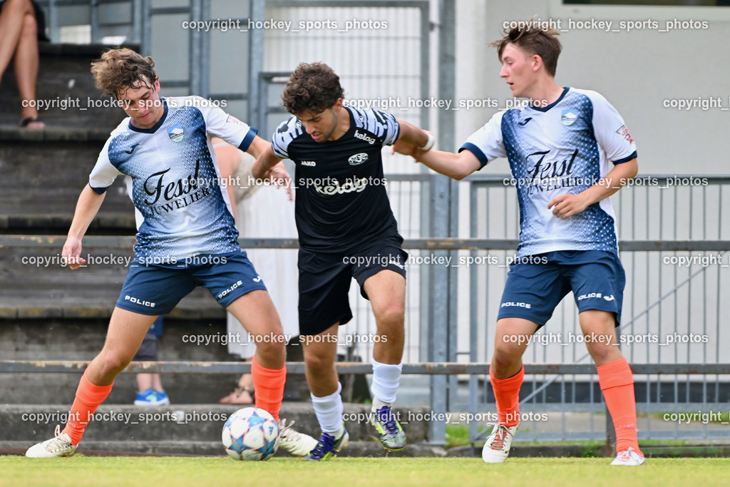 SC Magdalen vs. DSG Ledenitzen | #15 Jakob Schuster DSG Ledenitzen, #16 Filip Krnjic SC Magdalen, #8 Benjamin Ressmann DSG Ledenitzen, SC Magdalen vs. DSG Ledenitzen, SC Magdalen vs. DSG Ledenitzen am 19.07.2024 in Villach (Sportplatz Madalen), Austria, (Photo by Bernd Stefan)