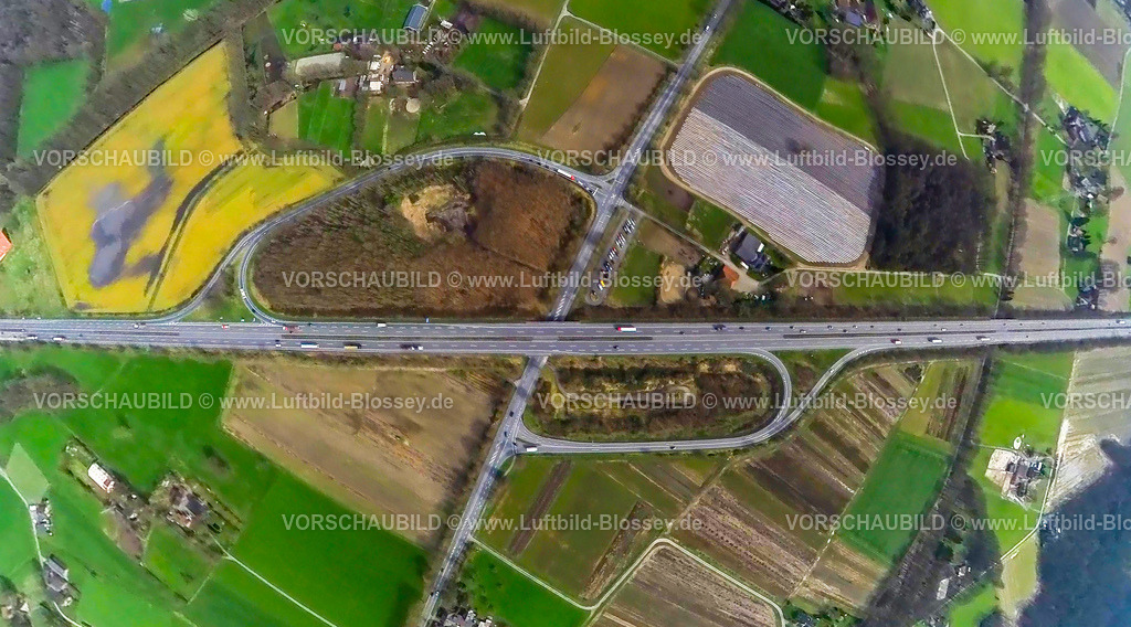 Huenxe240390054A3-AusfahrtEsel_SchermbeckerStrasse | Luftbild, Autobahn A3 Anschlussstelle Wesel und Bundesstraße B58 Schermbecker Landstraße, Erdkugel, Fisheye Aufnahme, Fischaugen Aufnahme, 360 Grad Aufnahme, tiny world, little planet, fisheye Bild, Peddenberg, Hünxe, Nordrhein-Westfalen, Deutschland