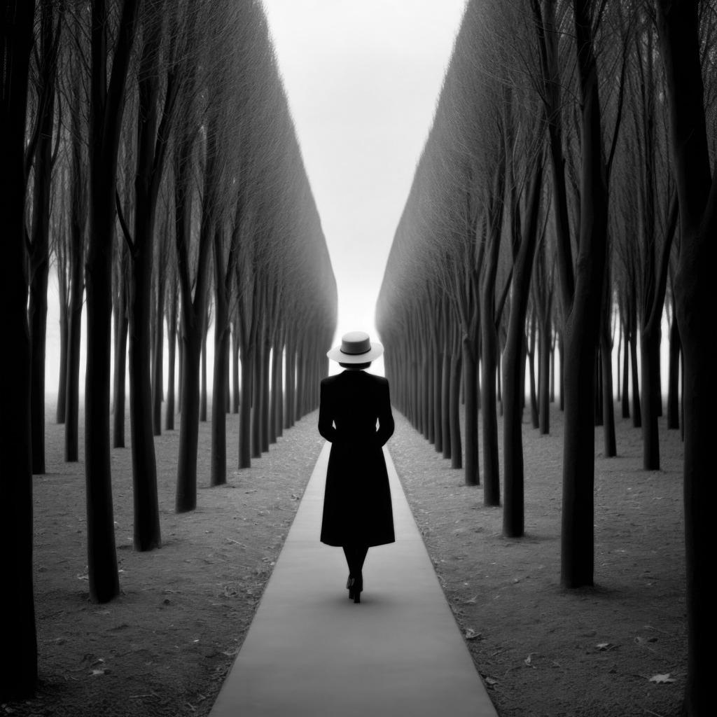 2311030 - Frau auf einer einsamen Allee | Eine Frau auf einer einsamen Allee im Stil einer klassischen Schwarzweiß-Fotografie.