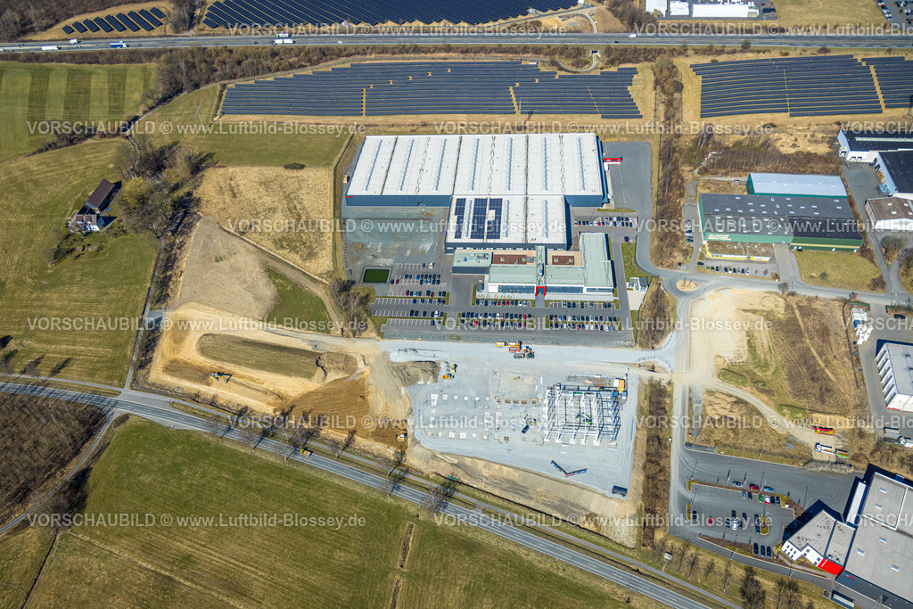 Meschede250304735 | Luftbild, Gewerbegebiet Enste mit Bürger-Solarpark an der Autobahn A46,  Enste, Meschede, Sauerland, Nordrhein-Westfalen, Deutschland