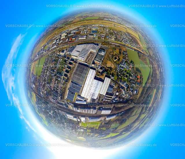 Holzwickede240190013Gewerbegebiet | Luftbild, Gewerbegebiet Natorper Straße, Sonepar Niederlassung Deutschland Region West, KIK24 Warenlager, nebenan Baugebiet, Bundesstraße B1, hinten der Dortmund Airport Flughafen Wickede, Erdkugel, Fisheye Aufnahme, Fischaugen Aufnahme, 360 Grad Aufnahme, tiny world, little planet, fisheye Bild, , Holzwickede, Ruhrgebiet, Nordrhein-Westfalen, Deutschland
