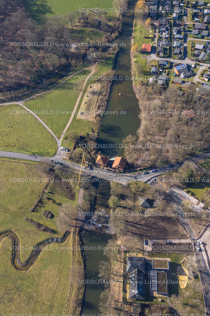 Olfen230206513 | Luftbild, Baustelle Straßenarbeiten an Brücke Kökelsumer Straße mit FuÃƒÆ’Ã…â€™Ãƒâ€¹Ã¢â‚¬Â chtelner MuÃƒÆ’Ã…â€™Ãƒâ€¹Ã¢â‚¬Â hle, Fluss Stever, Olfen-Kirchspiel, Olfen, Münsterland, Nordrhein-Westfalen, Deutschland