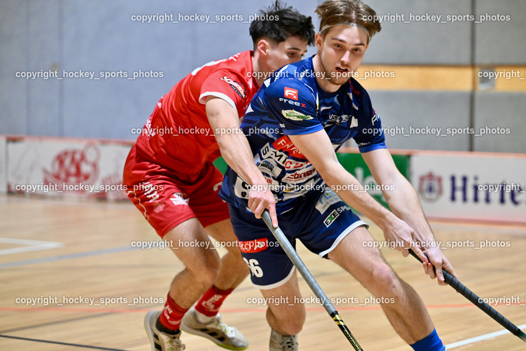KAC Floorball vs. VSV Unihockey | #66 Jakob Rainer VSV Unihockey, #28 Gabriel Lekas KAC Floorball, KAC Floorball vs. VSV Unihockey, KAC Floorball vs. VSV Unihockey am 21.03.2026 in Klagenfurt (Ballspielhalle Waidmannsdorf), Austria, (Photo by Bernd Stefan)
