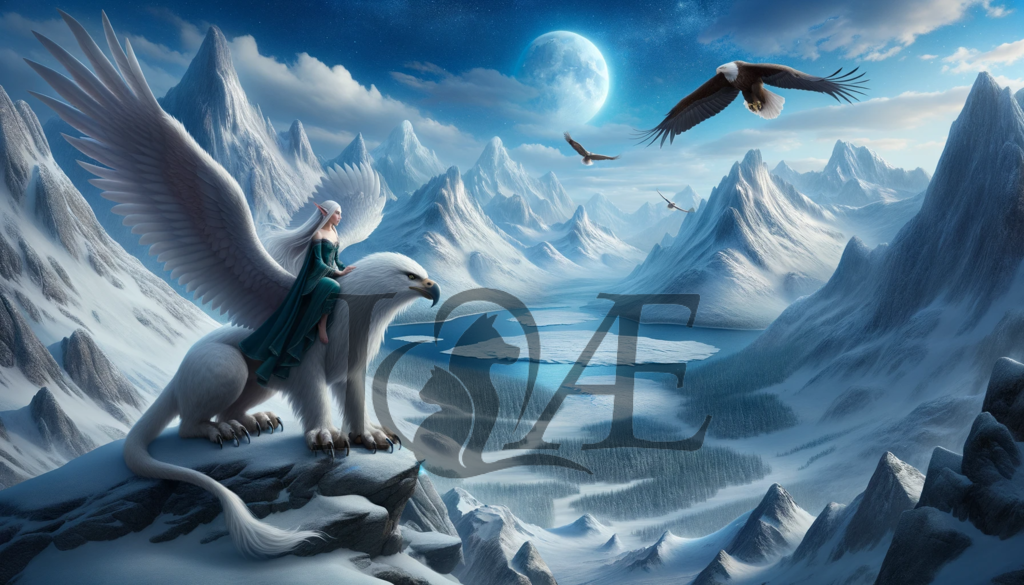 DALL_E 2023-10-06 17.11.50 - Photorealistic scene where the elven lady is seated on the griffin_ overlooking a vast icy mountain landscape. The snow-covered peaks shimmer under th | psy4fly - Realisiert mit Pictrs.com