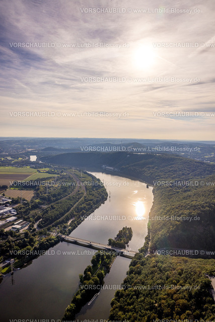 Hagen230903574 | Luftbild, Hengsteysee mit Ruhrbrücke Dortmunder Straße im Abendlicht, Fernsicht und Ardeygebirge, Boele, Hagen, Ruhrgebiet, Nordrhein-Westfalen, Deutschland
