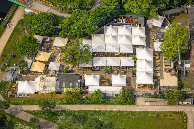 Herne240500604 | Luftbild, Künstlerzeche Unser Fritz 2/3, Steinmeister's Biergarten - Oskar am Kanal, Gastronomie und Sonnenschirme, Unser Fritz, Herne, Ruhrgebiet, Nordrhein-Westfalen, Deutschland