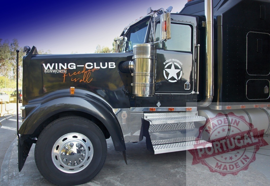 Customized Kenworth Truck Showing Wing-Club and Harley-Davidson Logos | Close-up of a customized Kenworth truck featuring Wing-Club and Harley-Davidson logos, representing freedom and motorcycle culture - Realized with Pictrs.com