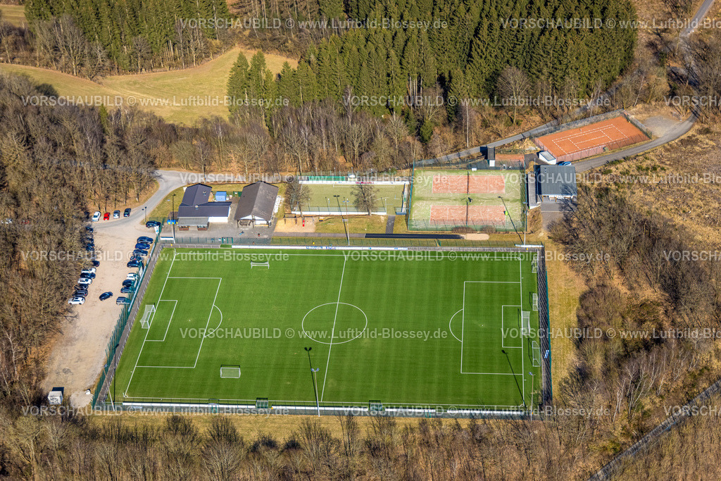 Olpe250308199Rhode | Luftbild, Fußballstadion TuS Rhode e.V. und Tennisplätze TC Rhode, Rhode, Olpe, Sauerland, Nordrhein-Westfalen, Deutschland