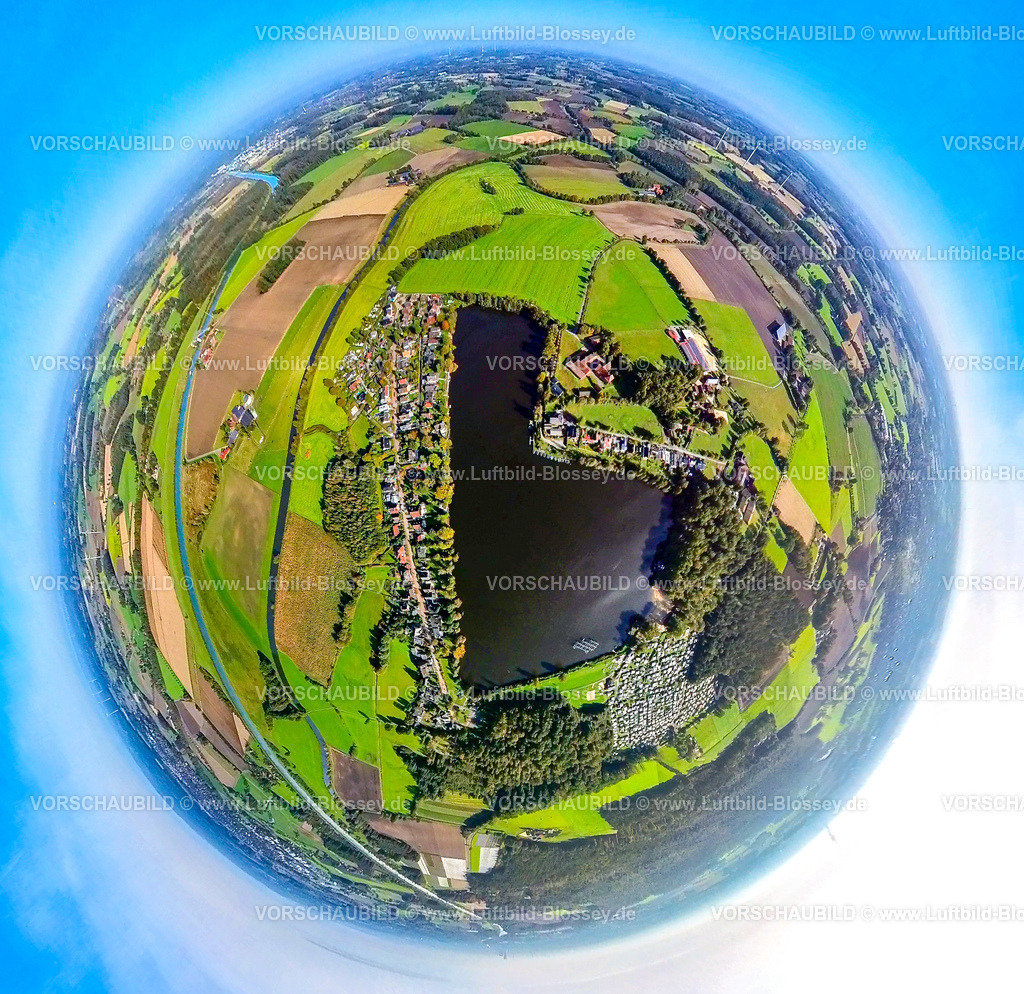 Selm241190549 | Luftbild, Ternscher See und Campingplatz Seepark Ternsche Naturfreibad, Campinghäuser und Wohnwagen, Fluss Stever und Wohngebiet Strandweg, umgeben von Wiesen und Feldern, Erdkugel, Fisheye Aufnahme, Fischaugen Aufnahme, 360 Grad Aufnahme, tiny world, little planet, fisheye Bild, Ternsche, Selm, Ruhrgebiet, Nordrhein-Westfalen, Deutschland