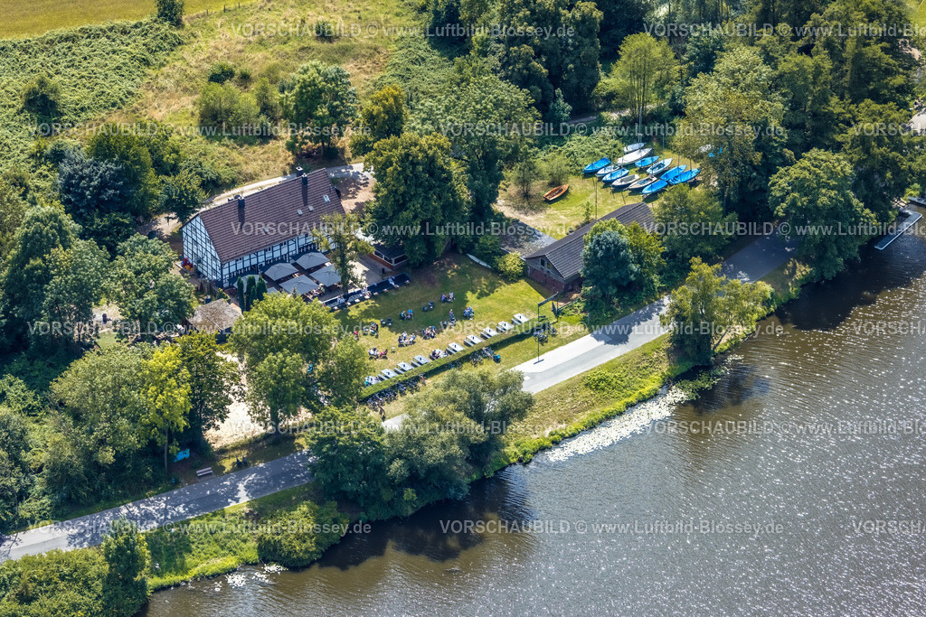 Essen220803167 | Luftbild, Haus am See Gastronomie mit Außengastronomie, Fachwerkhaus, Harnscheidts Höfe, Baldeneysee, Fischlaken, Essen, Ruhrgebiet, Nordrhein-Westfalen, Deutschland