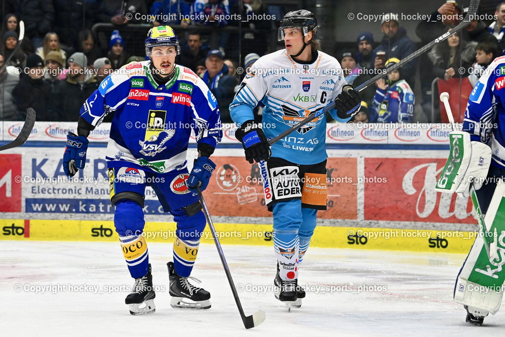 EC IDM Wärmepumpen VSV vs. Steinbach Black Wings Linz | #2 Dylan MacPherson EC VSV, #7 Brian Lebler Black Wings Linz, EC IDM Wärmepumpen VSV vs. Steinbach Black Wings Linz, EC IDM Wärmepumpen VSV vs. Steinbach Black Wings Linz am 23.01.2026 in Villach (Stadthalle Villach), Austria, (Photo by Bernd Stefan)