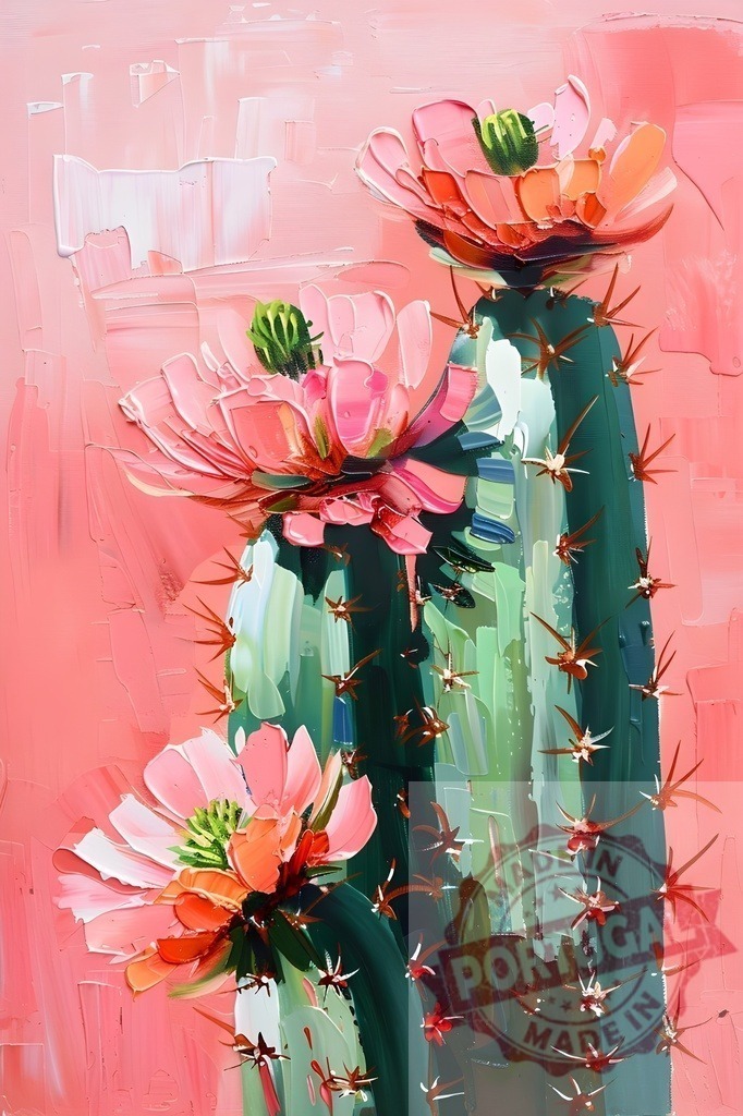 Blooming pink desert cactus flowers oil painting | Cactus plants showcasing vibrant pink flowers in an impasto oil painting style - Realized with Pictrs.com