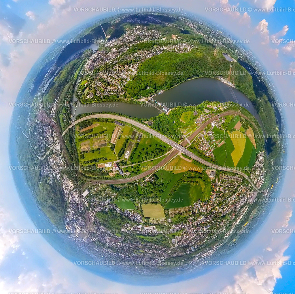 Hagen230520051Hengsteysee | Luftbild, Hengsteysee zwischen Herdecke und Hagen, Erdkugel, Fisheye Aufnahme, Fischaugen Aufnahme, 360 Grad Aufnahme, Boele, Hagen, Sauerland, Nordrhein-Westfalen, Deutschland