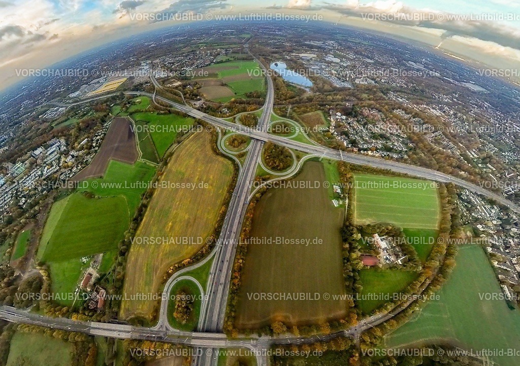 Bochum231190075A43Stadionstandort-topaz | Luftbild, Luftbild, Autobahnkreuz Bochum-Witten der Autobahn A43 und Autobahn A448, Autobahnanschlussstelle Universitätsstraße mit dem Tierheim Bochum inmitten Wiesen und Feldern mit herbstlichen Laubbäumen, neuer Stadionstandort geplantes Gelände für das Bundesligastadion Vonovia Ruhrstadion des Fußballvereins VfL Bochum 1848, Ümminger See, Erdkugel, Fisheye Aufnahme, Fischaugen Aufnahme, 360 Grad Aufnahme, tiny world, little planet, fisheye Bild, Langendreer, Bochum, Ruhrgebiet, Nordrhein-Westfalen, Deutschland