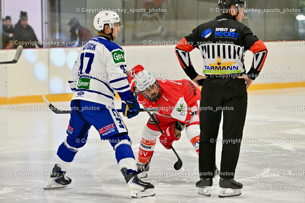 ESV Ferlach vs. UECR Eisbären Huben | #97 Fuetsch Johannes UECR EISBÄREN HUBEN, #11 Toff Nico ESV Ferlach, LEITL Michael Referee, ESV Ferlach vs. UECR Eisbären Huben, ESV Ferlach vs. UECR Eisbären Huben am 31.10.2025 in Ferlach (HTC Eishalle Ferlach), Austria, (Photo by Bernd Stefan)