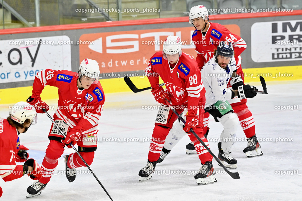 EC KAC Future Team vs. Die Adler Kitzbühl 7.10.2023 | #86 Burgar Nejc#88 Klassek Thomas EC KAC FUTURE TEAM, #6 Rotter Rafael EC Kitzbühel, #64 Preiml Maximilian EC KAC FUTURE TEAM, EC KAC Future Team vs. Die Adler Kitzbühl 7.10.2023, EC KAC Future Team vs. Die Adler Kitzbühl am 07.10.2023 in Klagenfurt (Messehalle Klagenfurt), Austria, (Photo by Bernd Stefan)