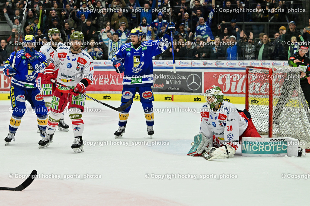 EC VSV vs. HC Bozen 16.2.2024 | #16 Kevin Hancock,  #44 Valentine Scott, #84 Andrew Desjardins, #38 Harvey Sam, EC VSV vs. HC Bozen 16.2.2024, EC VSV vs. HC Bozen 16.2.2024 am 16.02.2024 in Villach (Stadthalle Villach), Austria, (Photo by Bernd Stefan)