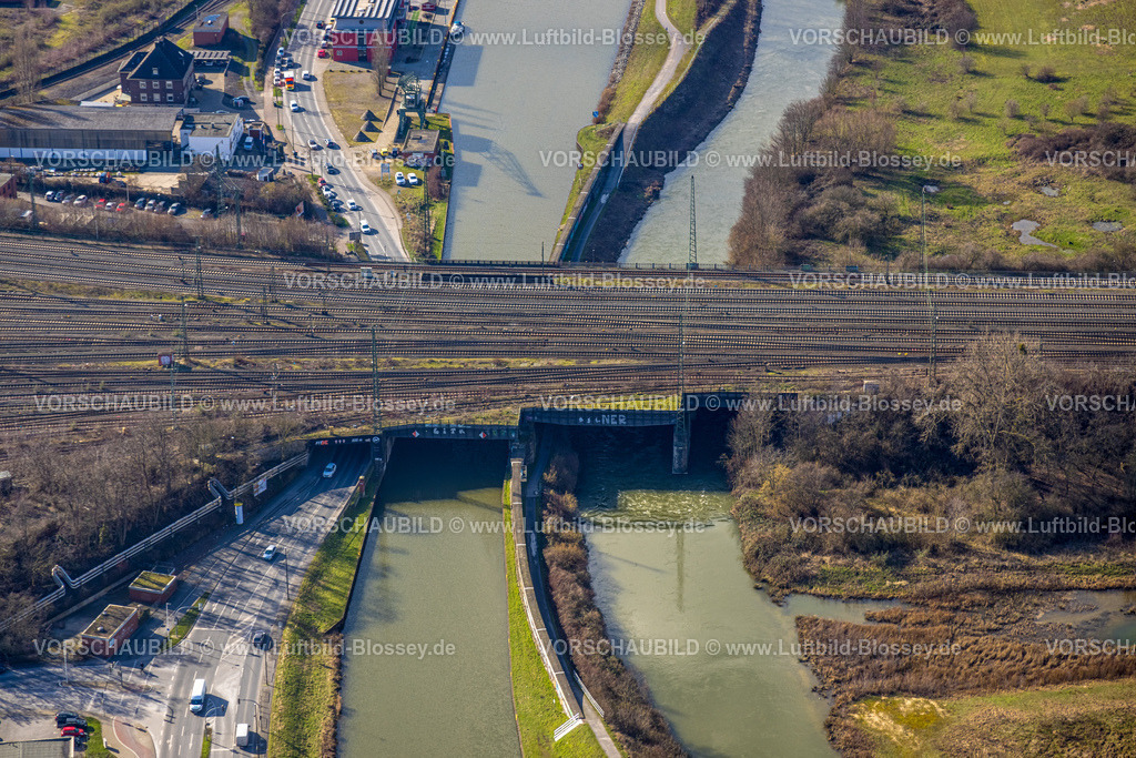 Hamm230215790 | Luftbild, Große Eisenbahnbrücke, Querung Hafenstraße, Fluss Lippe und Datteln-Hamm-Kanal, Mitte, Hamm, Ruhrgebiet, Nordrhein-Westfalen, Deutschland