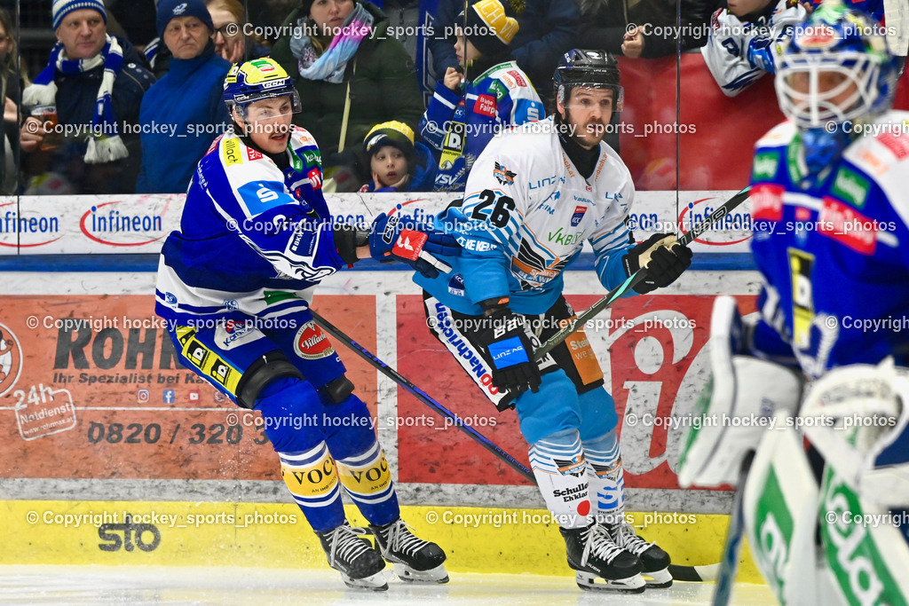 EC IDM Wärmepumpen VSV vs. Steinbach Black Wings Linz | #2 Dylan MacPherson EC VSV, #26 Travis Barron Black Wings Linz, EC IDM Wärmepumpen VSV vs. Steinbach Black Wings Linz, EC IDM Wärmepumpen VSV vs. Steinbach Black Wings Linz am 23.01.2026 in Villach (Stadthalle Villach), Austria, (Photo by Bernd Stefan)