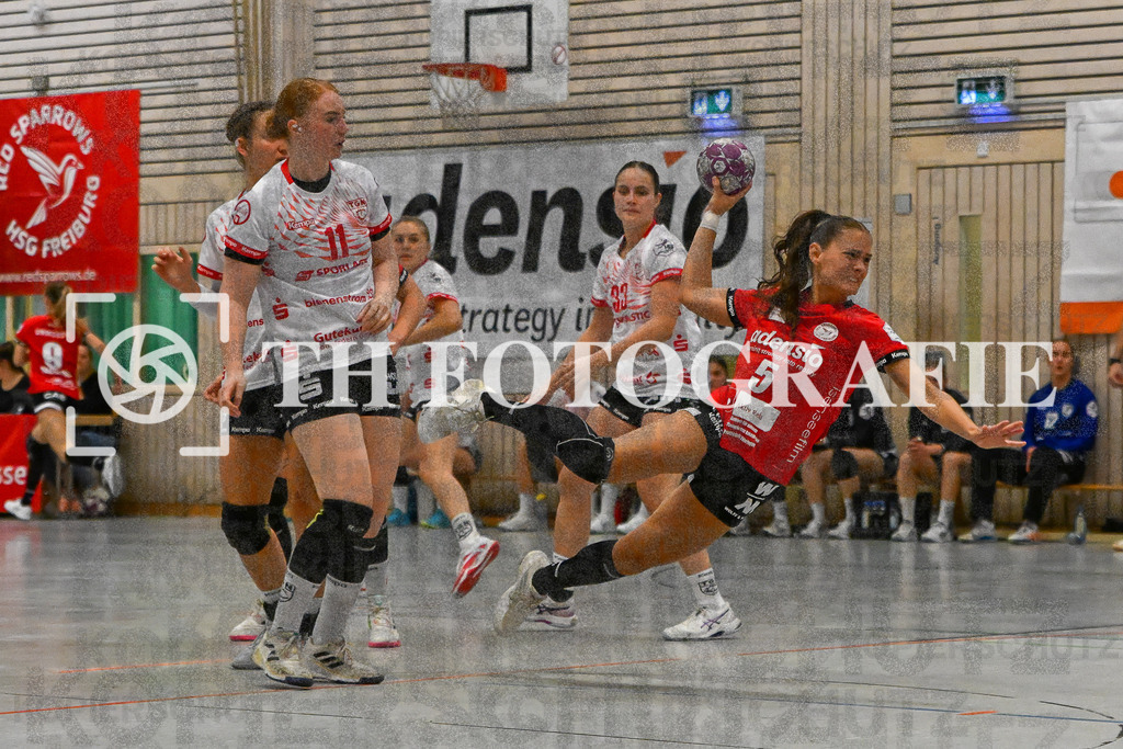 DEU, HSG Freiburg - TG Nuertingen, Handball, 2. Handball-Bundesliga, Saison 2023/2024, 04. Spieltag, Saison 2023/2024, 07.10.2023 | Nele Emmenecker (HSG Freiburg, #05) beim Wurf. Keine Chance fuer Kerstin Foth (TG Nuertingen, #11) den Wurf zu verhindern.

DEU, HSG Freiburg - TG Nuertingen, Handball, 2. Handball-Bundesliga, Saison 2023/2024, 04. Spieltag, Saison 2023/2024, 07.10.2023

Foto: Eibner-Pressefoto/Thomas Hess