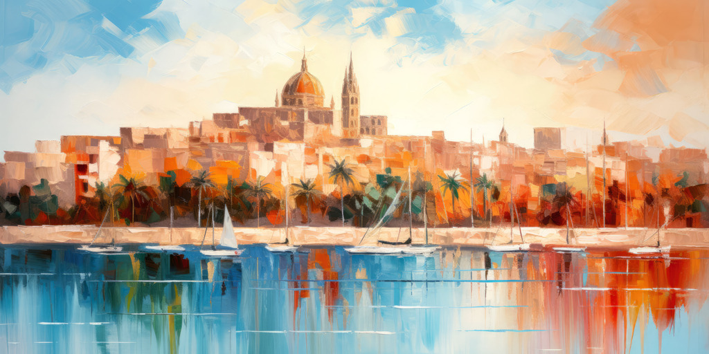 2307164 - Malta | Blick auf Maltas Hauptstadt Valletta, ein beeindruckendes Wandbild, das wie ein Gemälde wirkt.