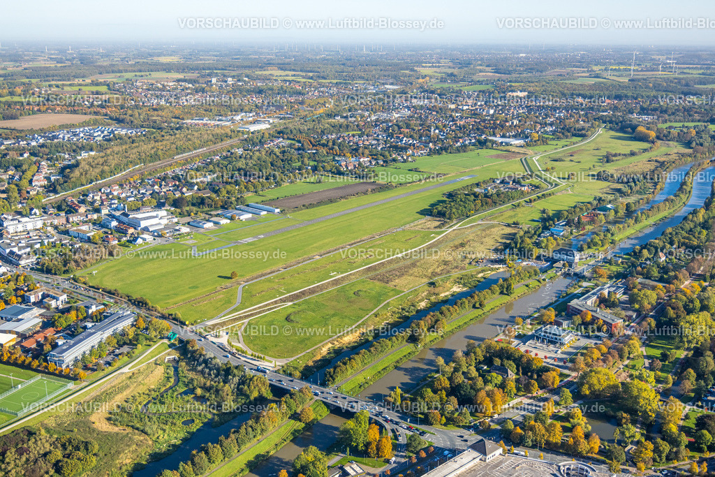 Hamm241006900 | Luftbild, Erlebensraum Hamm mit Kläranlage Hamm Mattenbeckeund Flugplatz Lippewiesen, Fluss Lippe und Datteln-Hamm-Kanal, Wassersportzentrum und Gymnasium Hammonense, Ortsansicht, Mitte, Hamm, Ruhrgebiet, Nordrhein-Westfalen, Deutschland