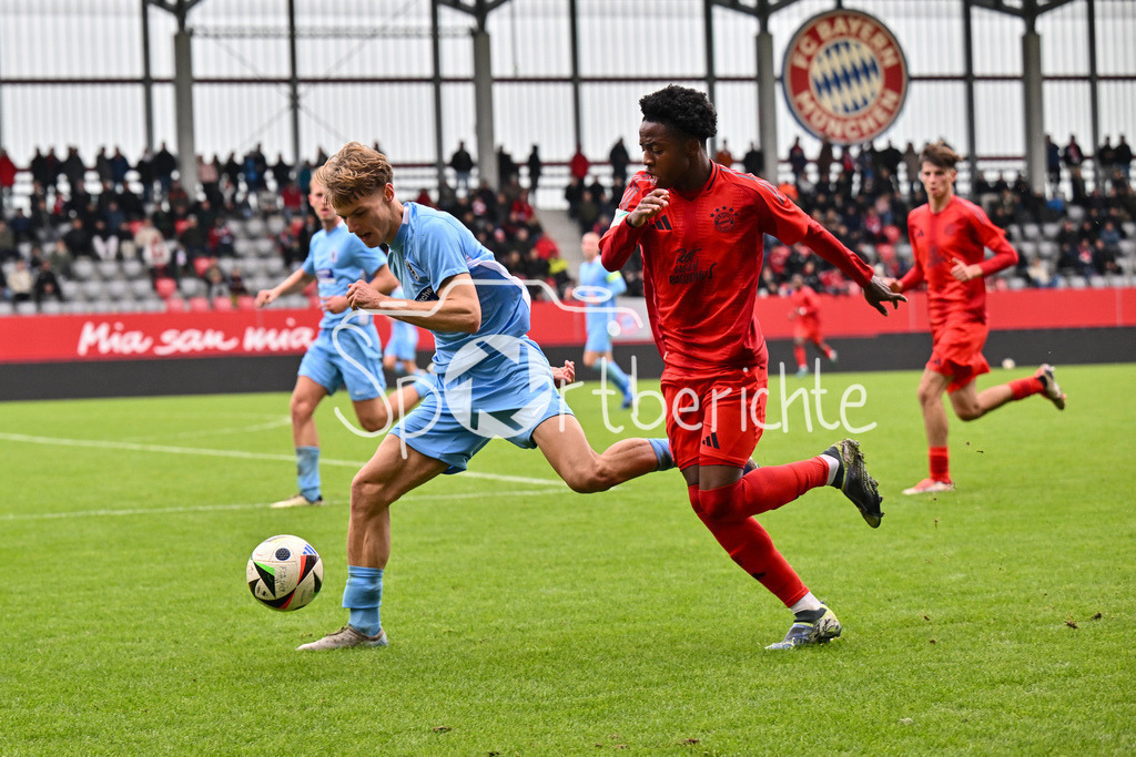 FC Bayern München U19 - TSV 1860 München U19 | im Duell Clemens LIPPMANN (TSV 1860 Muenchen U19 #2) und Mike WISDOM (FCB #11) / Zweikampf / U19 DFB Nachwuchsliga: FC Bayern Muenchen U19 - TSV 1860 Muenchen U19, FC Bayern Campus am 02.11.2024