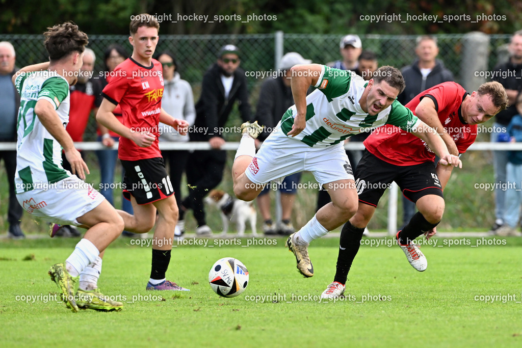 SV Falle Maria Gail vs. SV Feldkirchen | #70 Deniz Yilmaz SV Feldkirchen, #16 Andrija Stoimenov SV Falle Maria Gail, #7 Tim Oman SV Feldkirchen, #20 Florian Uggowitzer SV Falle Maria Gail, SV Falle Maria Gail vs. SV Feldkirchen, SV Falle Maria Gail vs. SV Feldkirchen am 14.09.2025 in Villach (Sportplatz Maria gail), Austria, (Photo by Bernd Stefan)