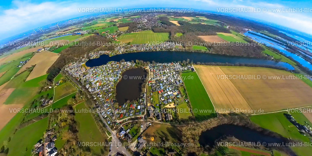 Rees240390109HaffenscheLandwehr | Luftbild, Gewässer und Naturschutzgebiet Haffensche Landwehr-Sonsfeldsche Weiden, Campingplatz Zur Rose mit Teich, Erdkugel, Fisheye Aufnahme, Fischaugen Aufnahme, 360 Grad Aufnahme, tiny world, little planet, fisheye Bild, Mehr, Rees, Nordrhein-Westfalen, Deutschland
