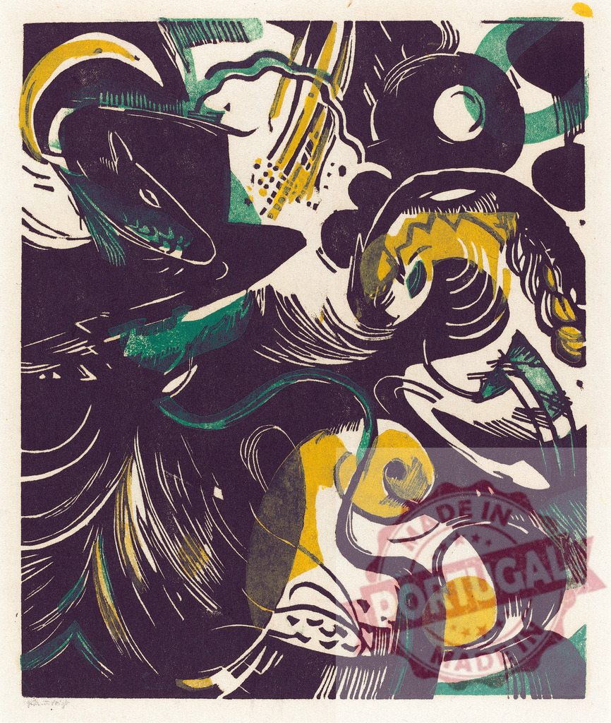 Franz Marc horses abstract German Expressionism woodcut artwork | Horses creating dynamic movement and chaos through abstract forms in a woodcut - Realisiert mit Pictrs.com