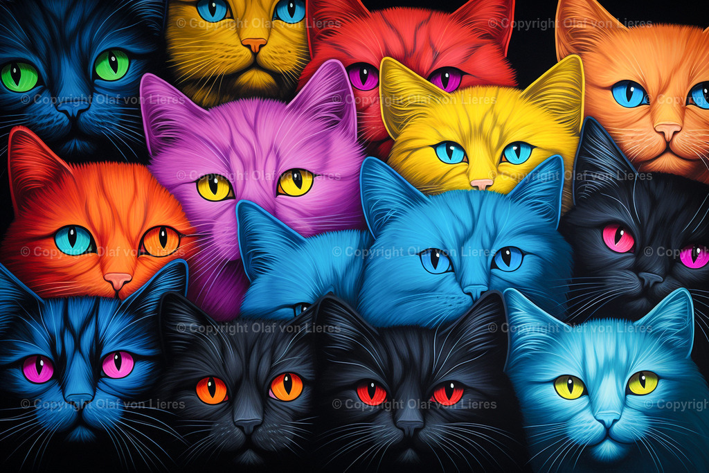 Katzenaugen | viele bunte Katzenköpfe