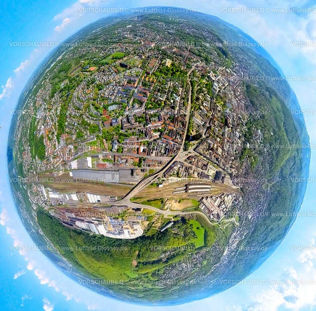 Hagen230520042Altenhagen | Luftbild, Hagen Hauptbahnhof, Altenhagen, Erdkugel, Fisheye Aufnahme, Fischaugen Aufnahme, 360 Grad Aufnahme, Mittelstadt, Hagen, Sauerland, Nordrhein-Westfalen, Deutschland