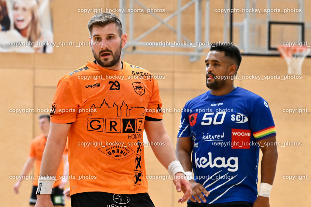 SC Ferlach vs. HSG Holding Graz 23.9.2023 | #29 Schweighofer Lukas Holding Graz, #50 GONZALEZ-MARTINEZ Adonis SC Ferlach, SC Ferlach vs. HSG Holding Graz 23.9.2023, SC Ferlach vs. HSG Holding Graz am 23.09.2023 in Bleiburg (Ballspielhalle Ferlach), Austria, (Photo by Bernd Stefan)
