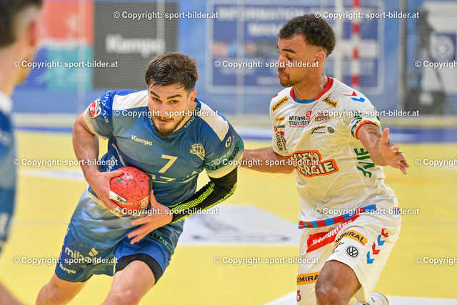 AUT, HLA, HC Linz AG vs Fivers WAT Margareten | 21.05.2024, Sporthauptschule Linz-Kleinmuenchen, AUT, HLA, HC Linz AG vs Fivers WAT Margareten, im Bild Mislav Grgic (Linz) vs Eric Damboeck (WAT Fivers)


// HLA, Handball Liga Austria Match between HC Linz AG vs Fivers WAT Margareten in Linz, Austria on 2024/05/21
