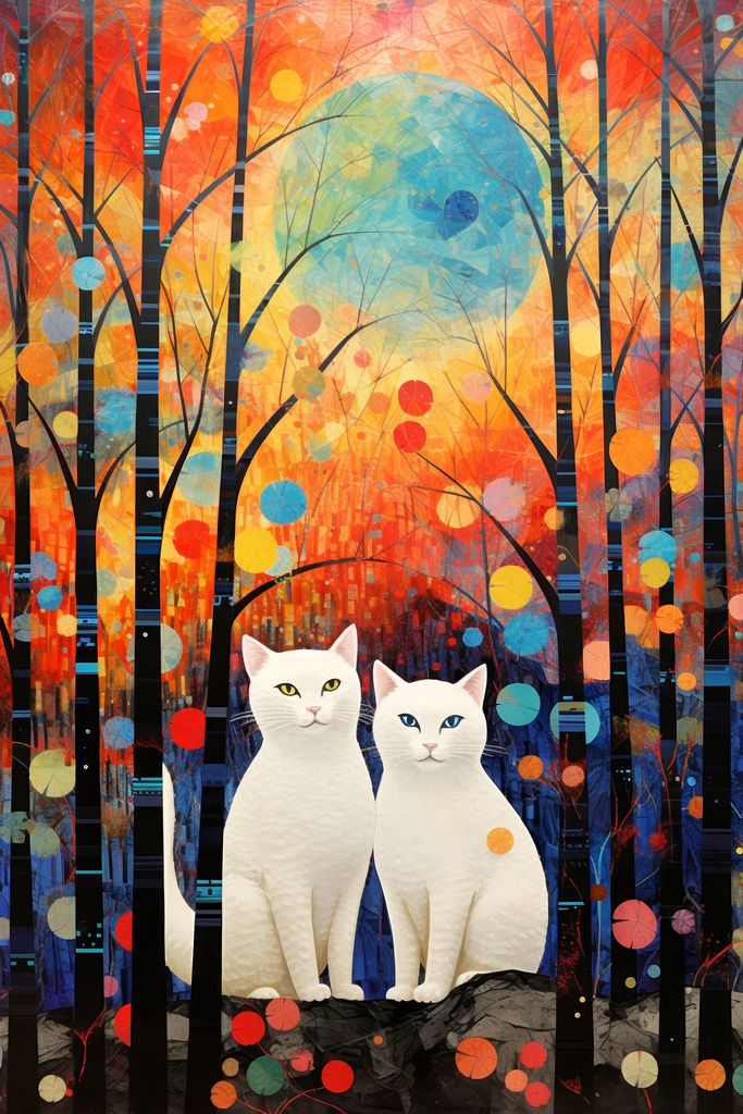 2402042 - Weiße Katzen im Wald | Illustration von zwei weißen Katzen in einem Wald voller bunter Farbkleckse.