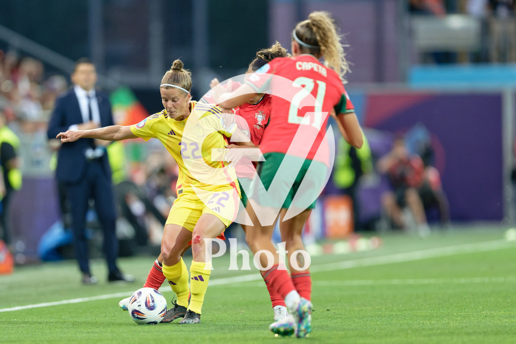 Portugal v Belgium: UEFA Women's EURO 2025 Group B | SION, SWITZERLAND - JULY 11: Laura Deloose of Belgium (L)  under pressure from Ana Capeta of Portugal (R)  during the UEFA Women's EURO 2025 Group B match between Portugal and Belgium at Stade de Tourbillon on July 11, 2025 in Sion, Switzerland. (Photo by Giuseppe Velletri/Sports Press Photo/Getty Images)