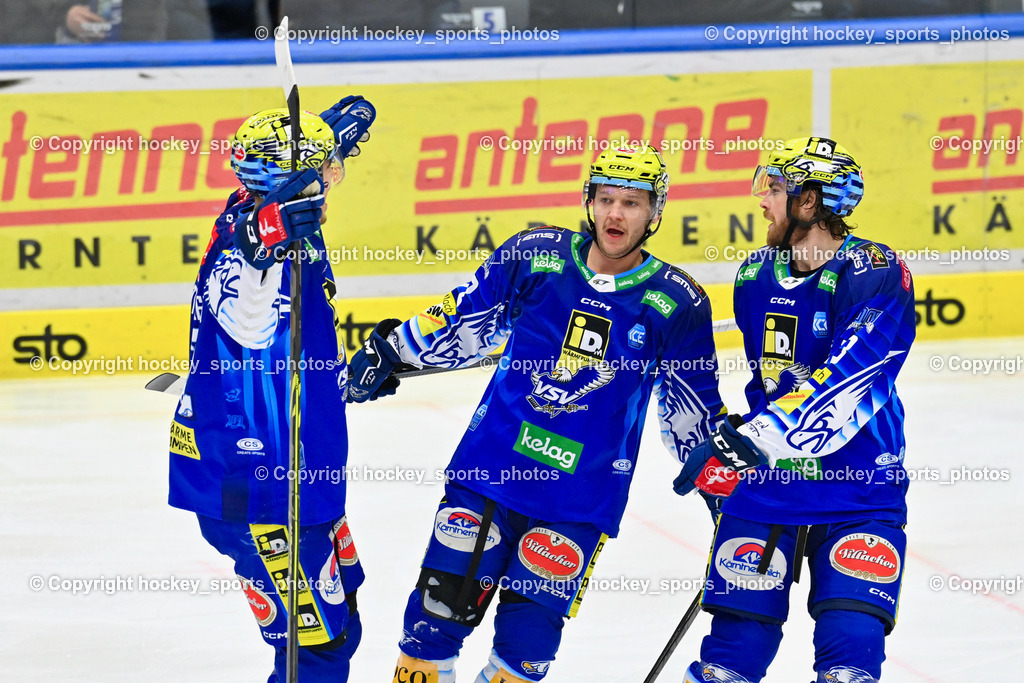 EC IDM Wärmepumpen VSV vs. EC KAC 20.12.2022 | #52 Rivett-Mattinen Nicolas, #72 Hughes John, #13 Collins Chris, Jubel EC VSV Mannschaft