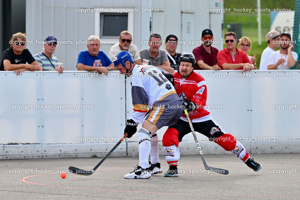 VAS Ballhockey vs. HSC Eagles Poggersdorf | #12 Duricky Jan, #9 Götzhaber Daniel, VAS Ballhockey vs. HSC Eagles Poggersdorf, VAS Ballhockey vs. HSC Eagles Poggersdorf am 14.07.2024 in Villach (Alpen Arena ), Austria, (Photo by Bernd Stefan)