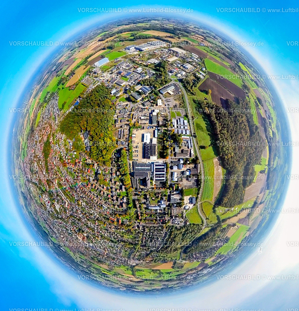 Selm241190523 | Luftbild, Gewerbegebiet Industriestraße mit Zeche-Hermann-Wall und Waldstück, Erdkugel, Fisheye Aufnahme, Fischaugen Aufnahme, 360 Grad Aufnahme, tiny world, little planet, fisheye Bild, Selm, Ruhrgebiet, Nordrhein-Westfalen, Deutschland
