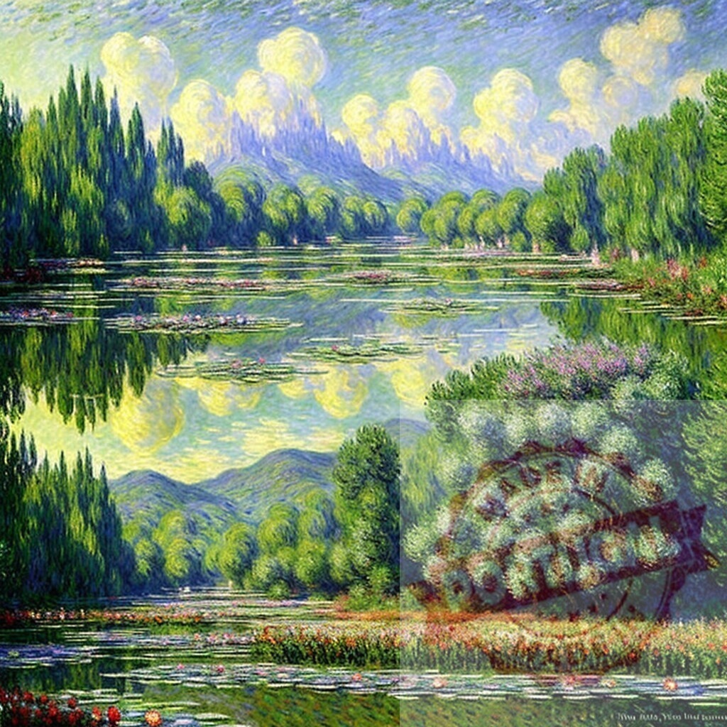 Impressionist landscape painting depicting water lilies on a lake. AI Experiments | Impressionist painting showing a serene lake with water lilies and reflections - Realisiert mit Pictrs.com