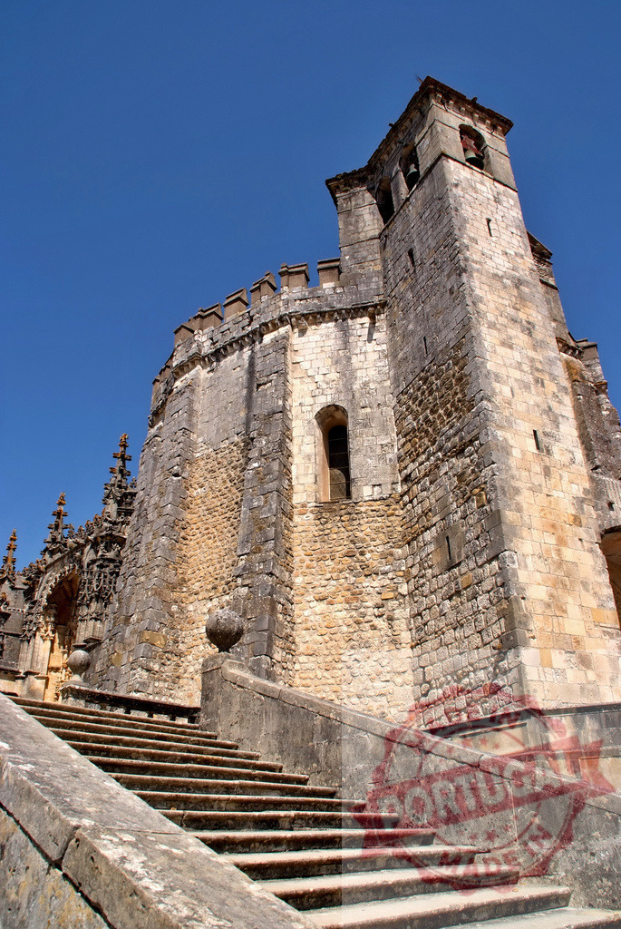 Convent of Christ Tomar Portugal templar castle complex | Stone staircase leading to the ancient Convent of Christ in Tomar, Portugal under a clear blue sky - Realized with Pictrs.com